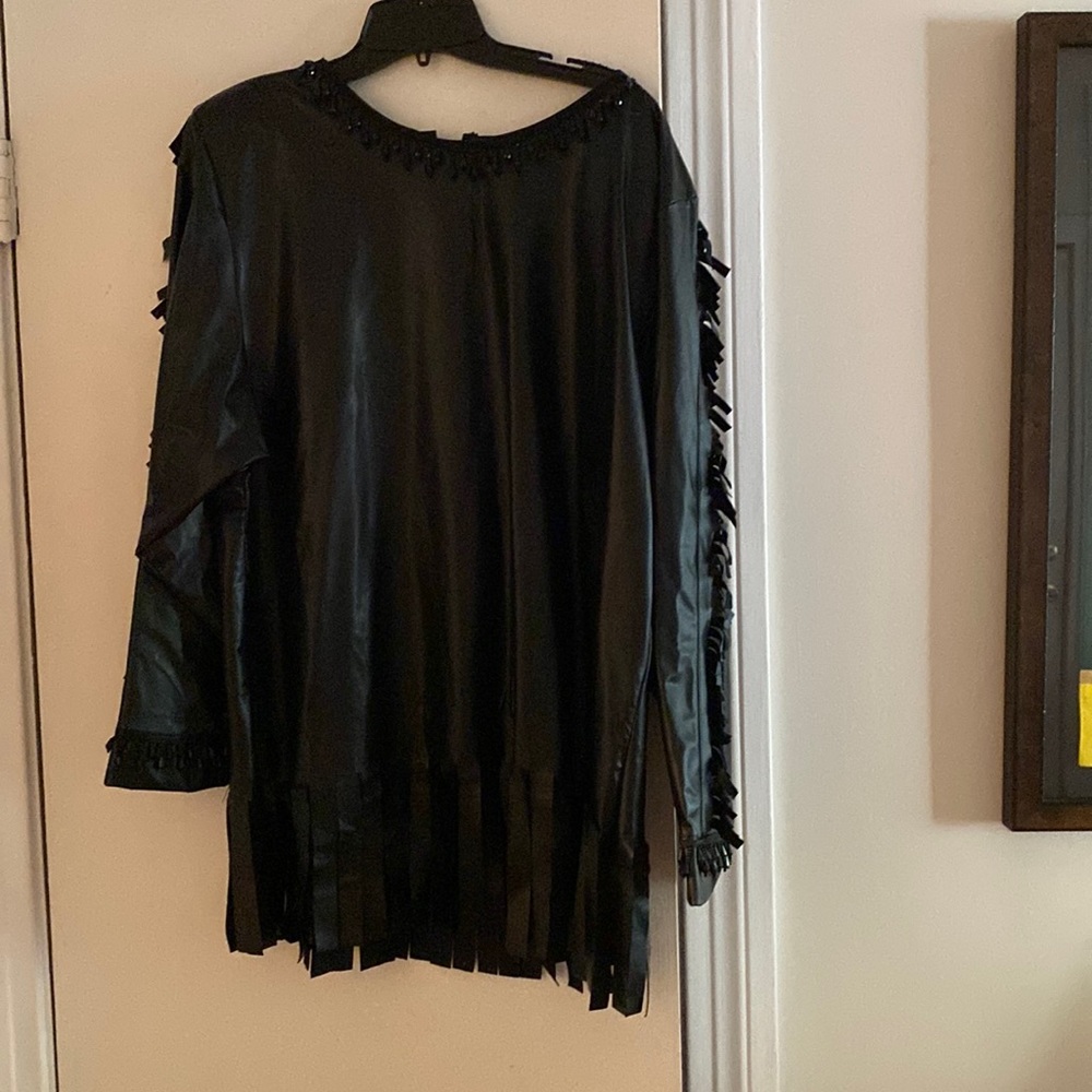 Black vegan leather tunic with beading and fringe size L